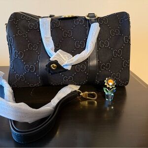 NEW Black Denim Speedy Duffel Style Purse Bag